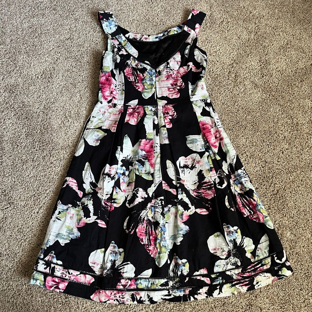 WHBM Dress Womens 6 Black Floral Cotton Stretch Lined Fit & Flare A-Line Pockets - Picture 2 of 8